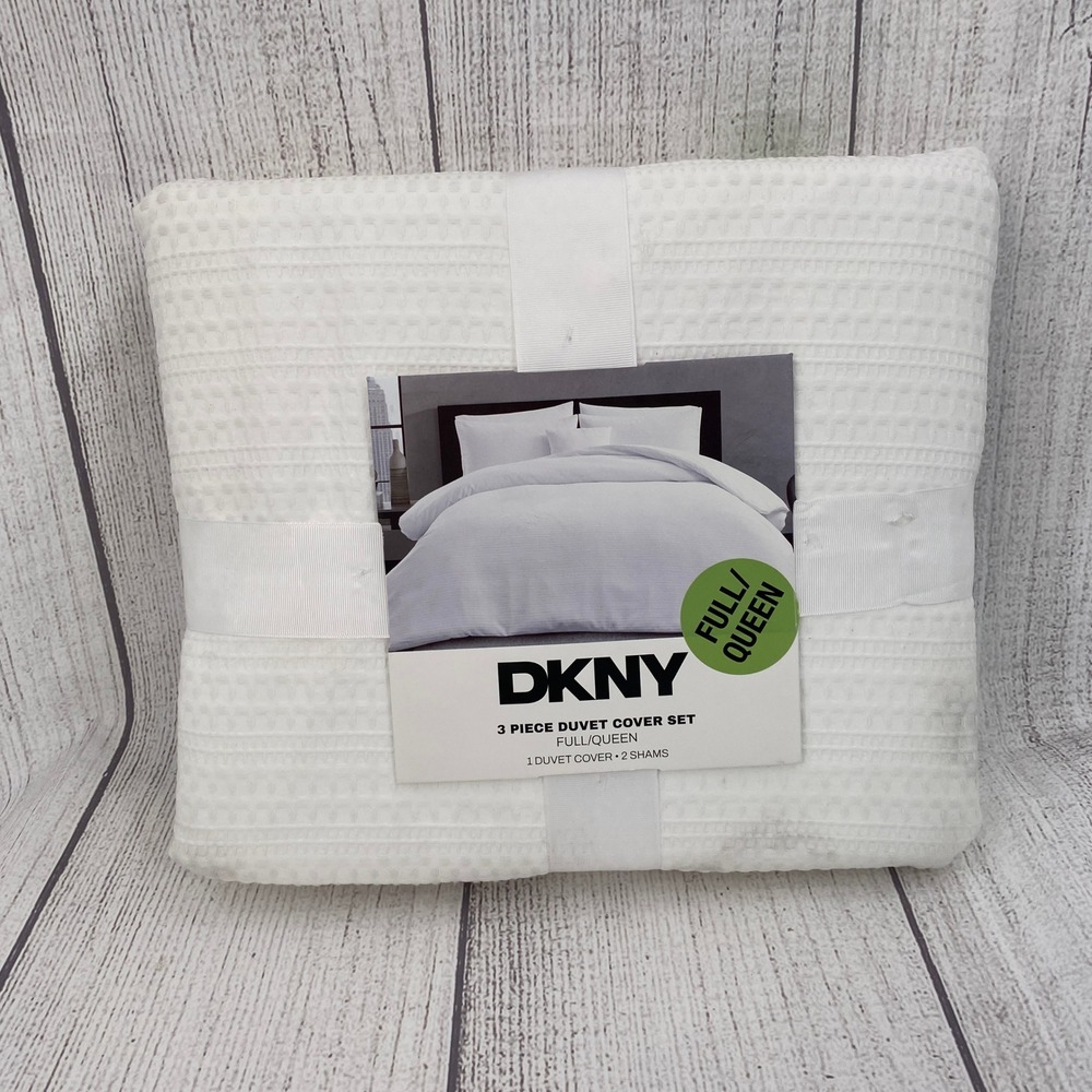 DKNY Duvet Cover Set Full/Queen White Mixed Waffle Textured Modern Bedding